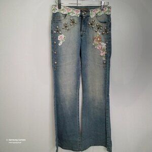 Angela Denim Floral Embroidery and Stud Embellishment Flare Leg Jeans GUC 5/6